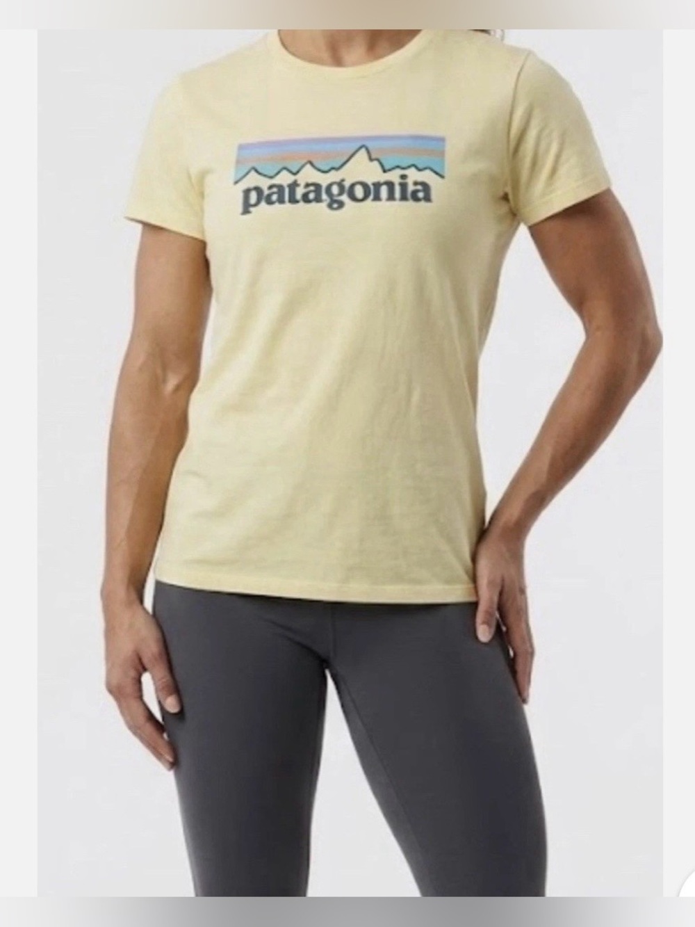Patagonia|Women’s Organic Cotton Pastel Yellow Tee with Multi-Color Logo•••SMALL